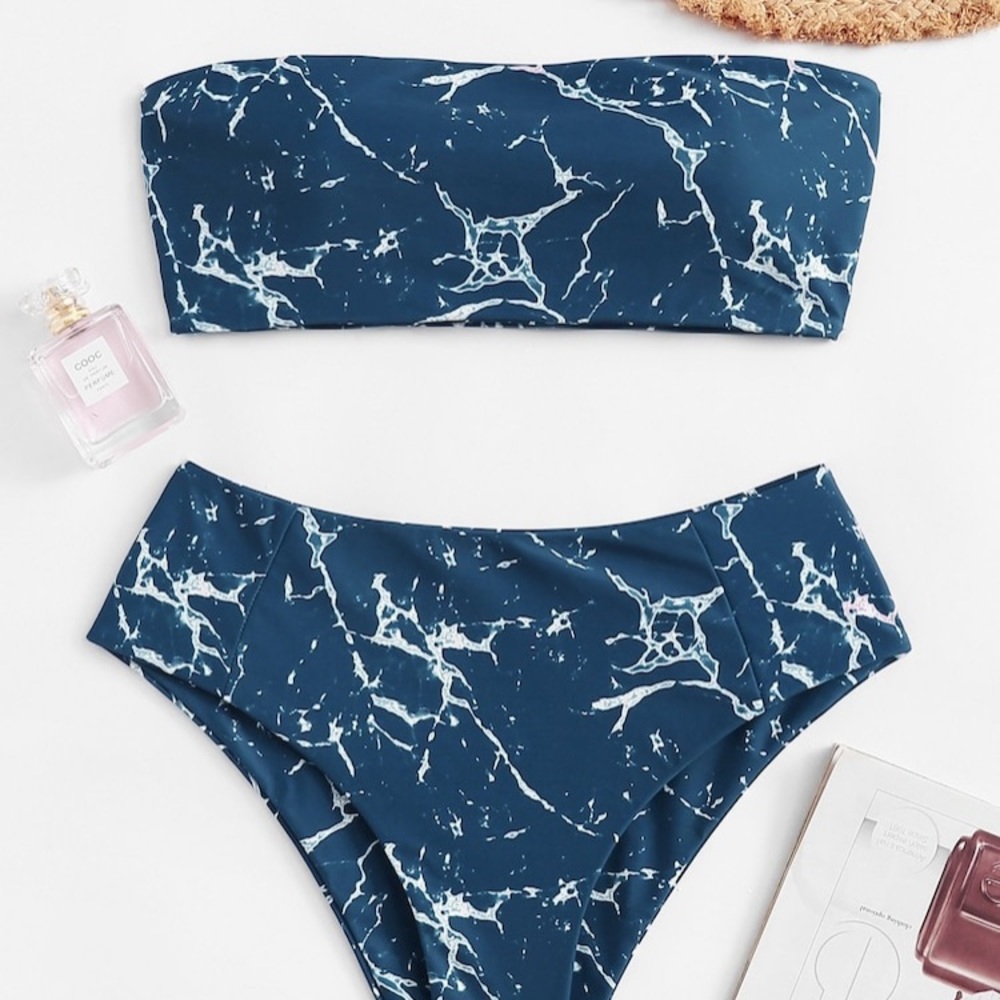 SHEIN Marble Print Bandeau w/ High Waist Bikini - Picture 1 of 2
